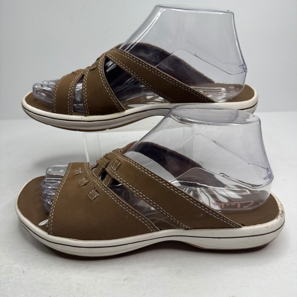 Clarks Brown Multi Strap Slide Sandals Womens 7M 80177 Contrast Stitch Comfort - Picture 2 of 7